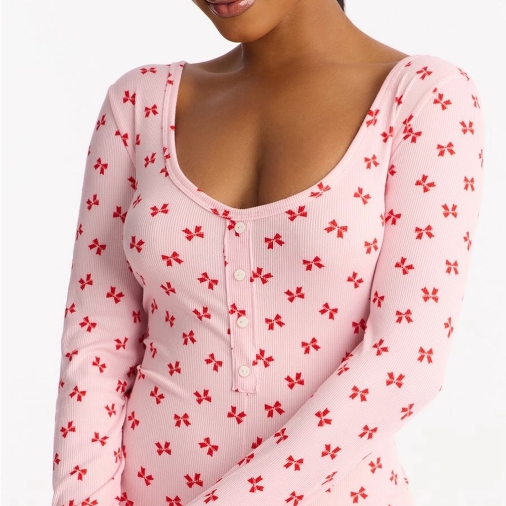 Fashion Nova Pink Pajama Set with Red Bow Print
